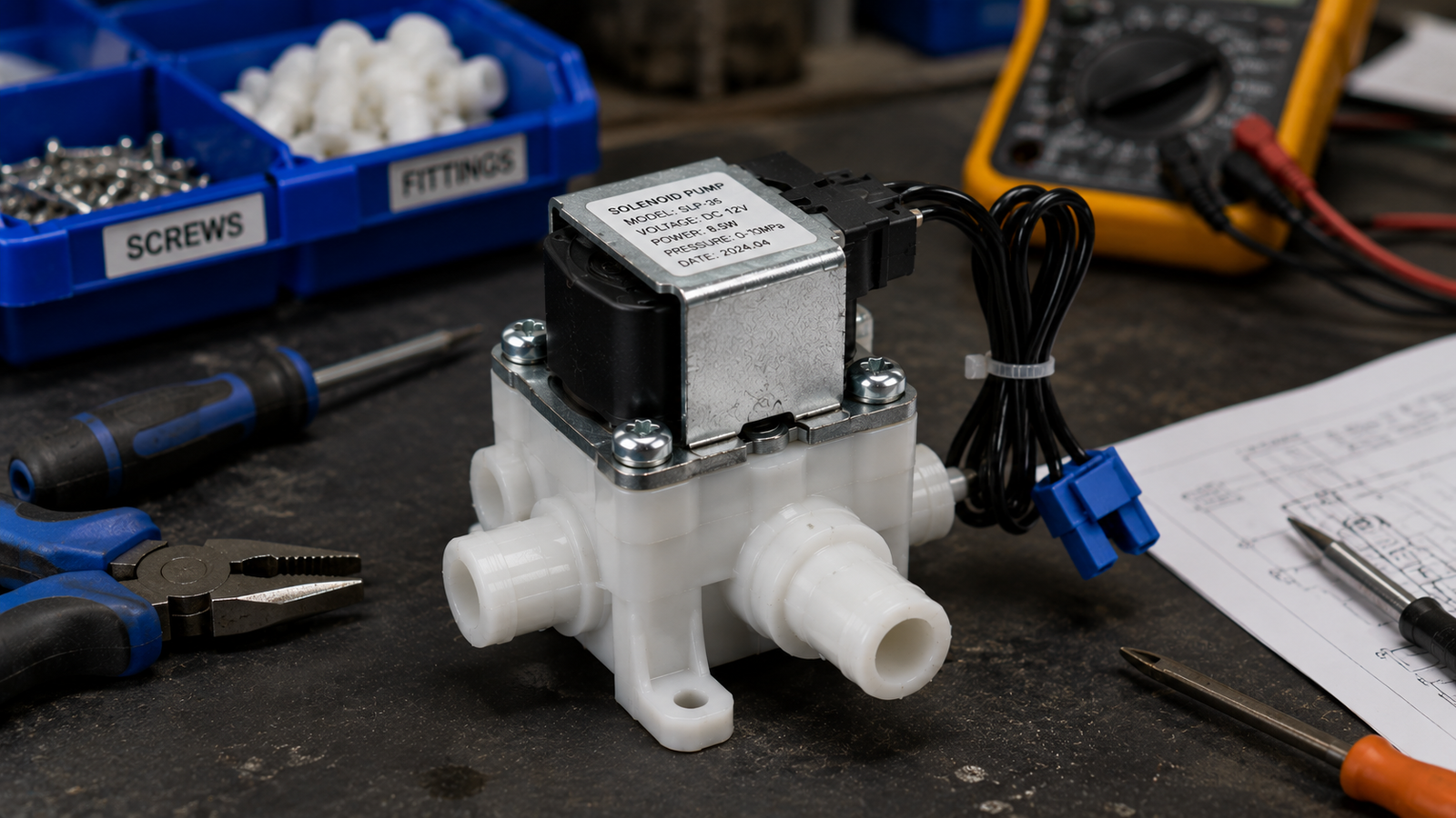 A solenoid pump on a technician's workbench
