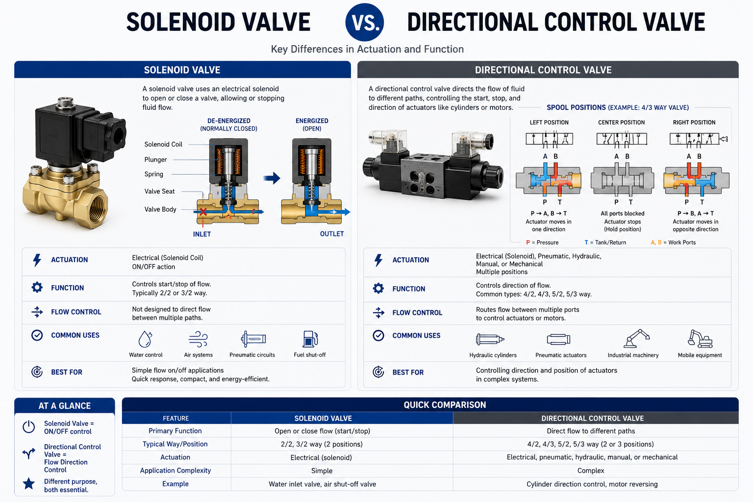 A comparison diagram showing a solenoid valve vs a directional control valve with clear labels for actuation and function