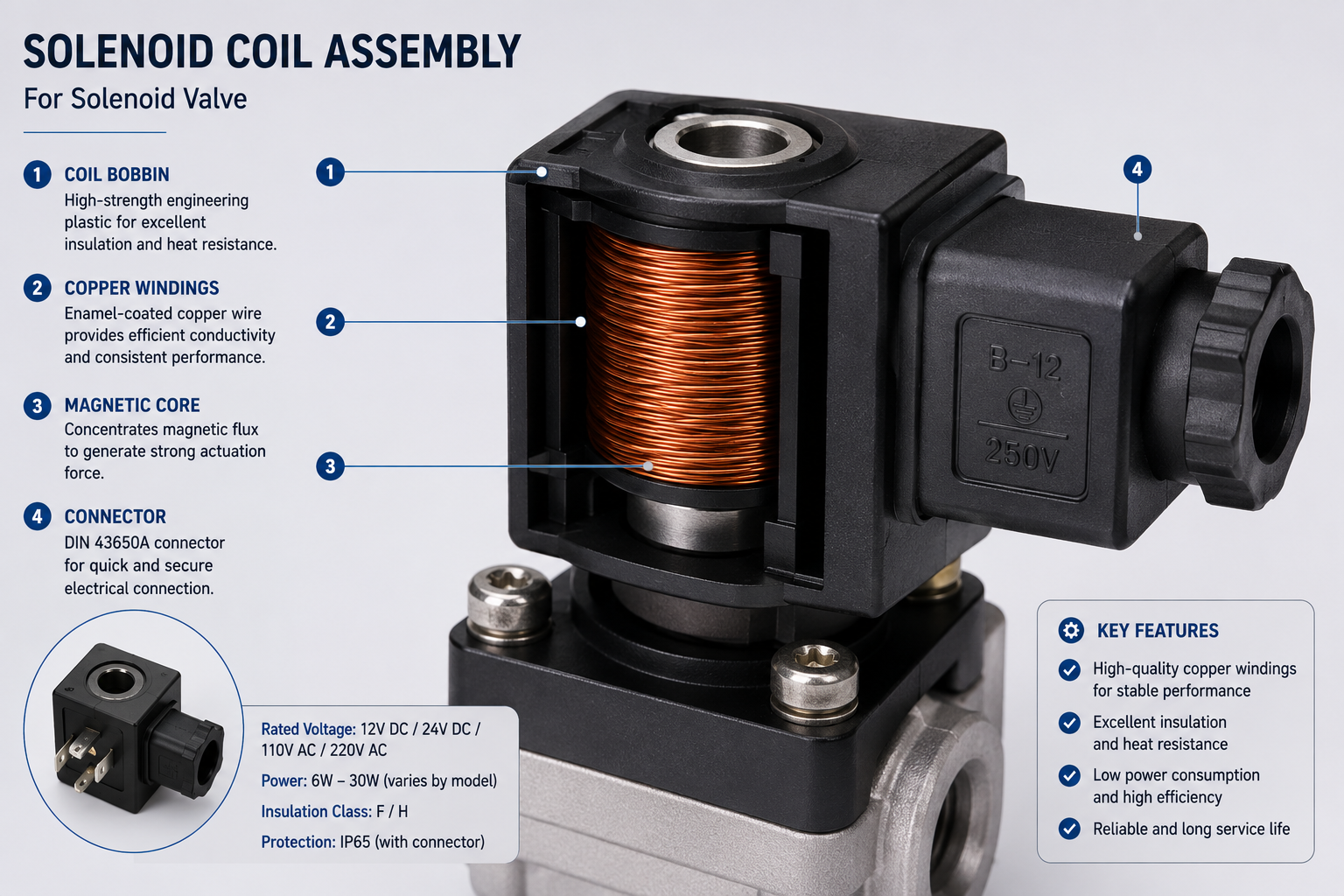 Close-up of a solenoid coil assembly for a solenoid valve, highlighting the copper windings