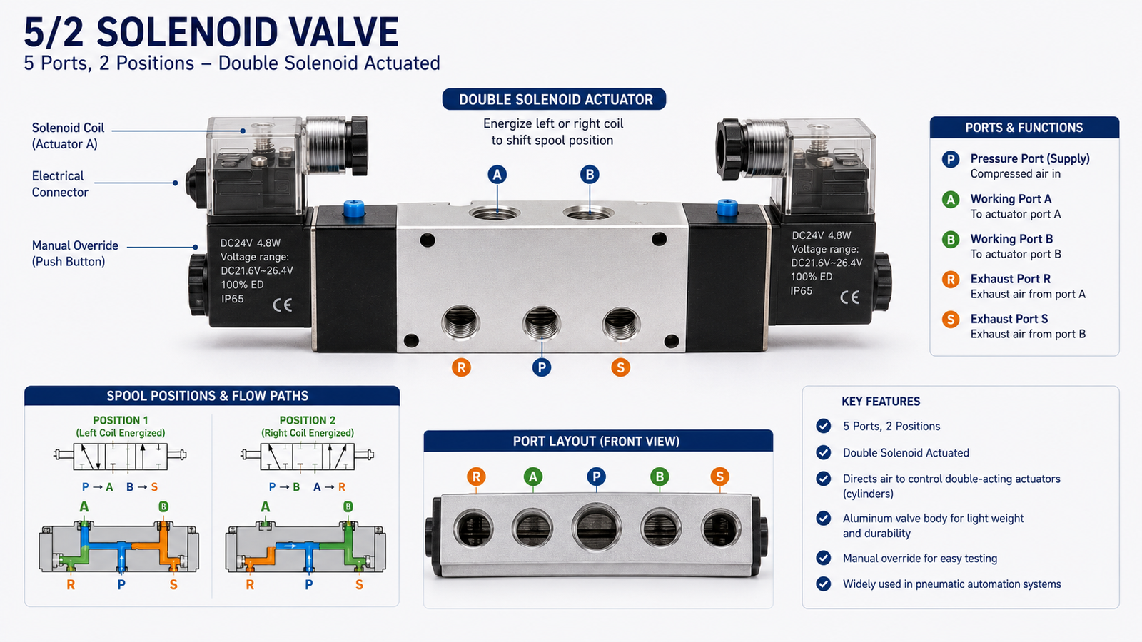 A 5/2 solenoid valve, a perfect example for the 'solenoid valve vs directional control valve' discussion, showing both the solenoid actuator and multiple ports