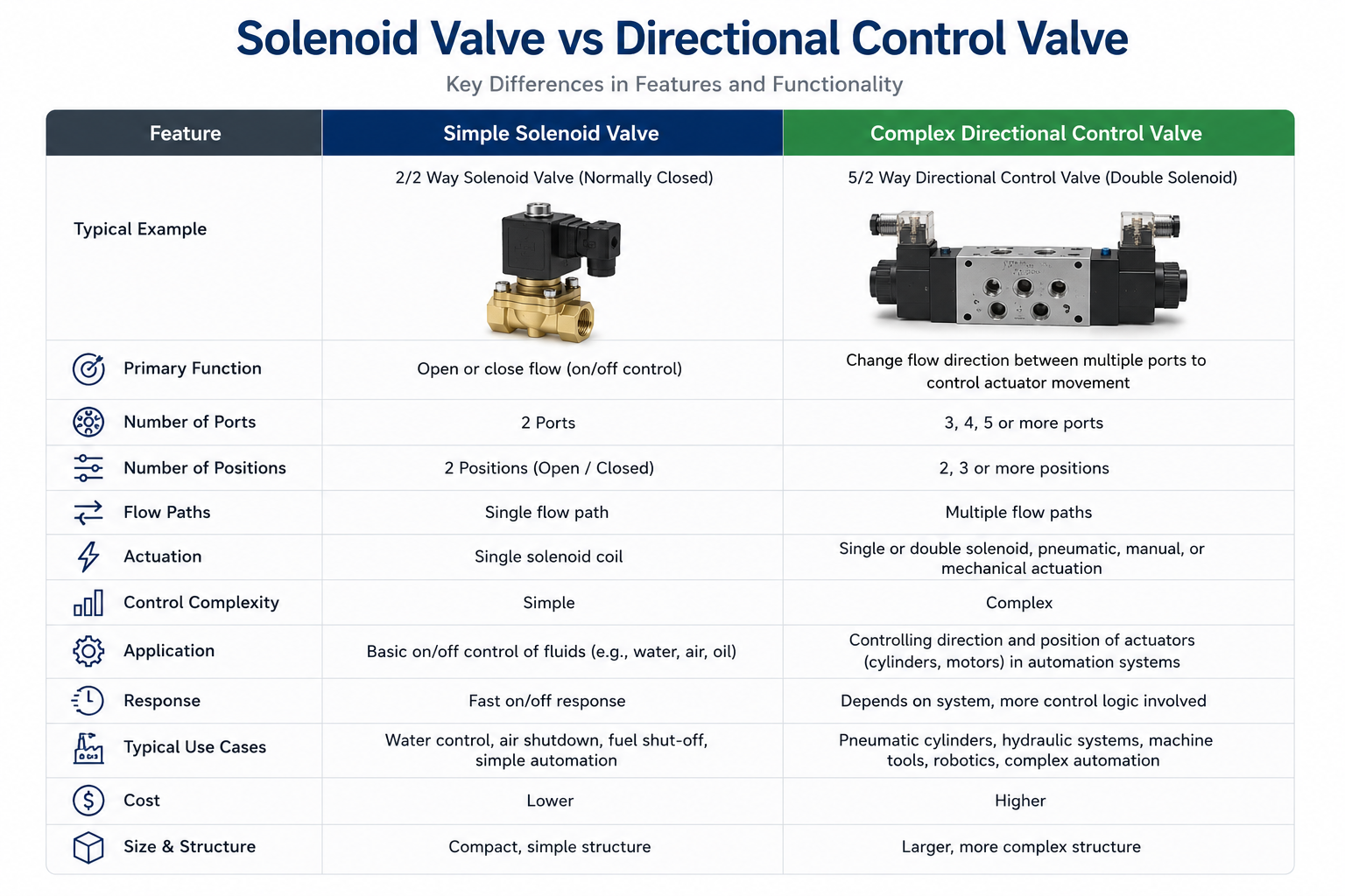 A table comparing features of a simple solenoid valve vs a complex directional control valve