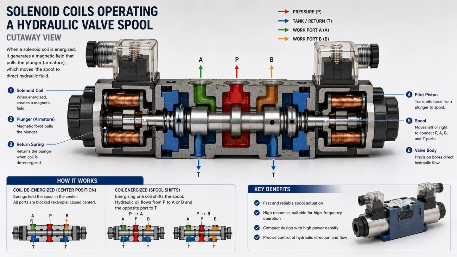 Cutaway view of solenoid coils operating a hydraulic valve spool