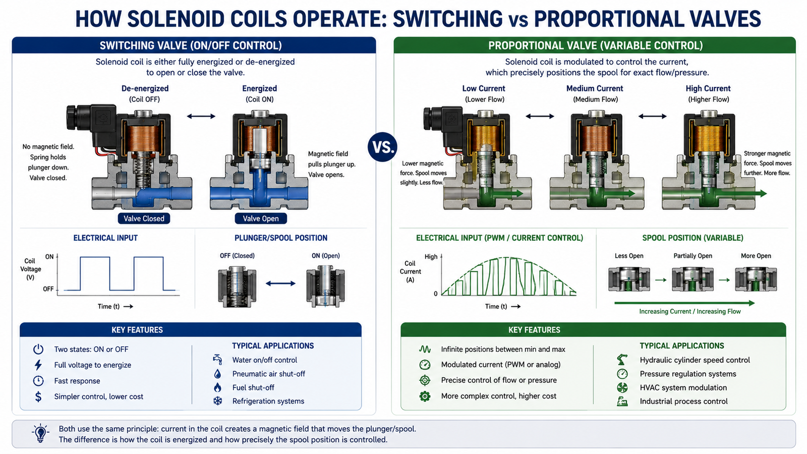 Diagram comparing how solenoid coils operate in switching vs proportional valves