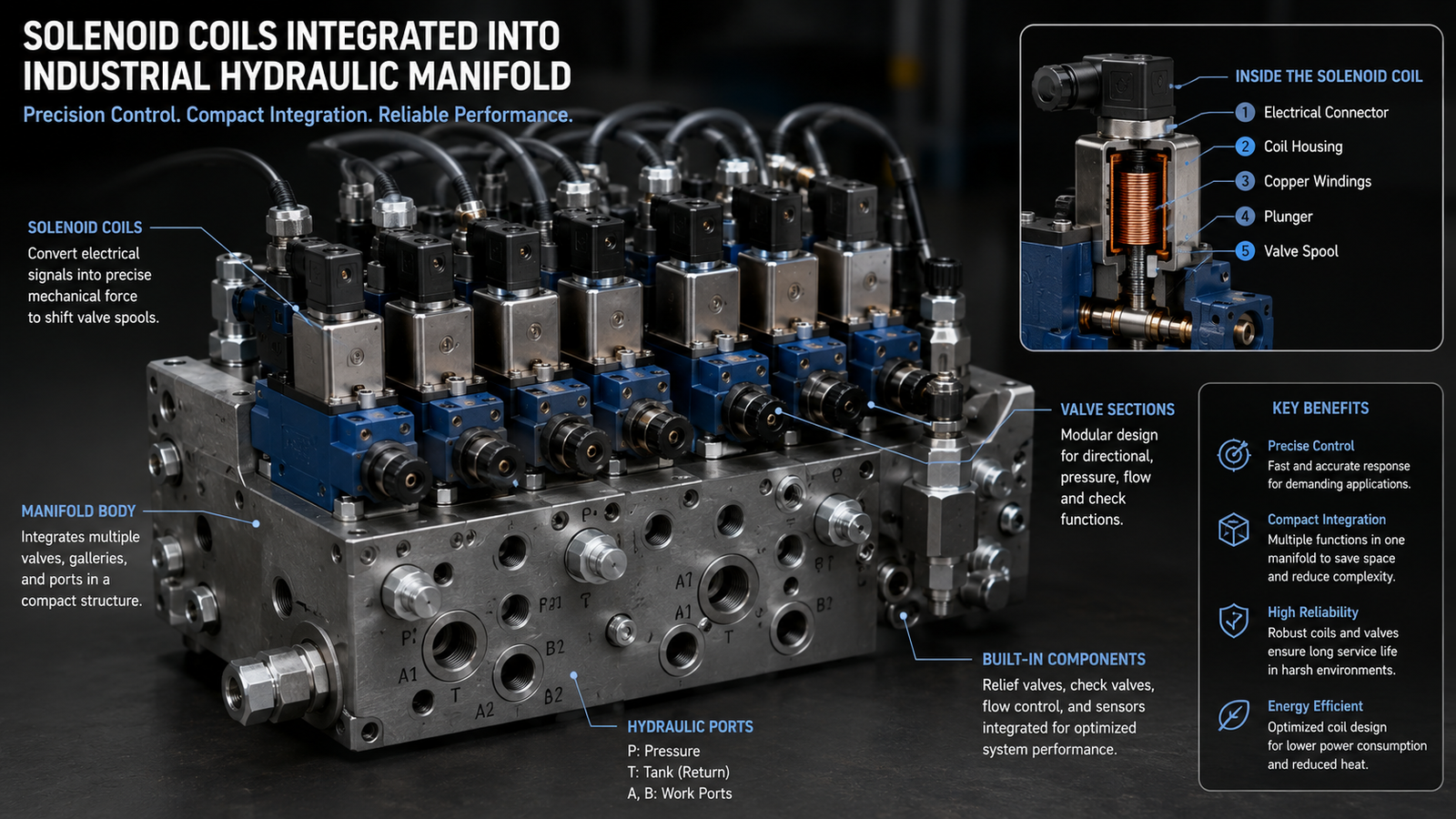 Solenoid coils integrated into a complex industrial hydraulic manifold