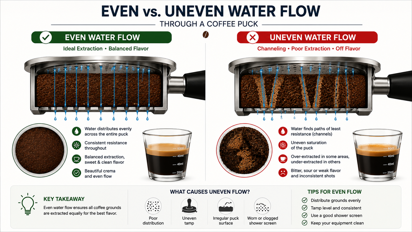 An illustration showing even vs. uneven water flow through a coffee puck