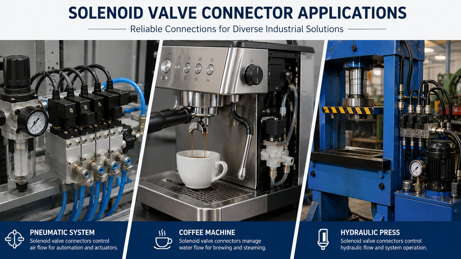 Collage of applications using solenoid valve connectors: a pneumatic system, a coffee machine, and a hydraulic press