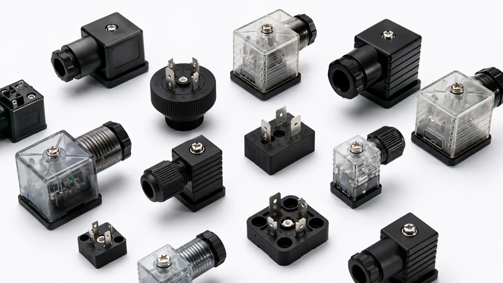 A collection of different solenoid valve connector types including DIN Form A, B, and C