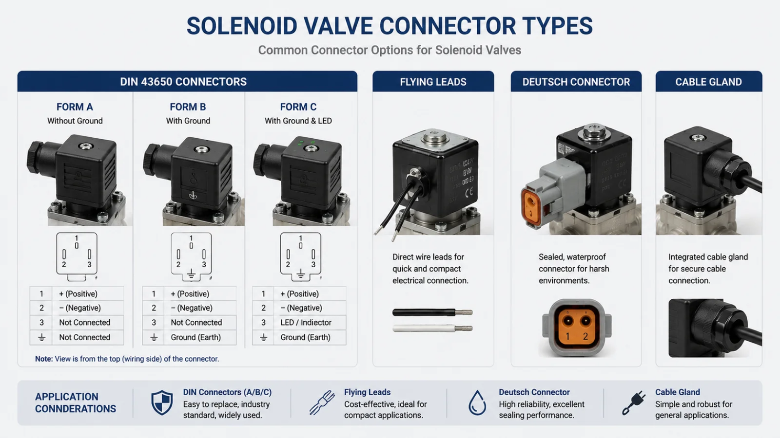 Side-by-side comparison of DIN Form A, B, and C solenoid valve connectors
