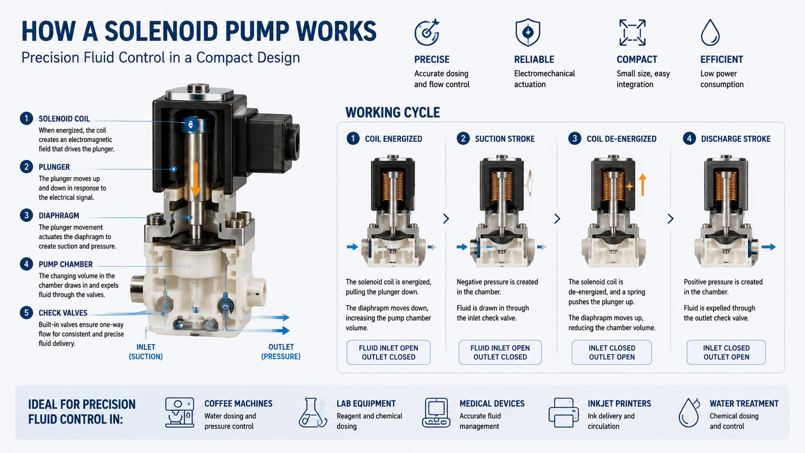 Diagram showing how a solenoid pump works for precision fluid control