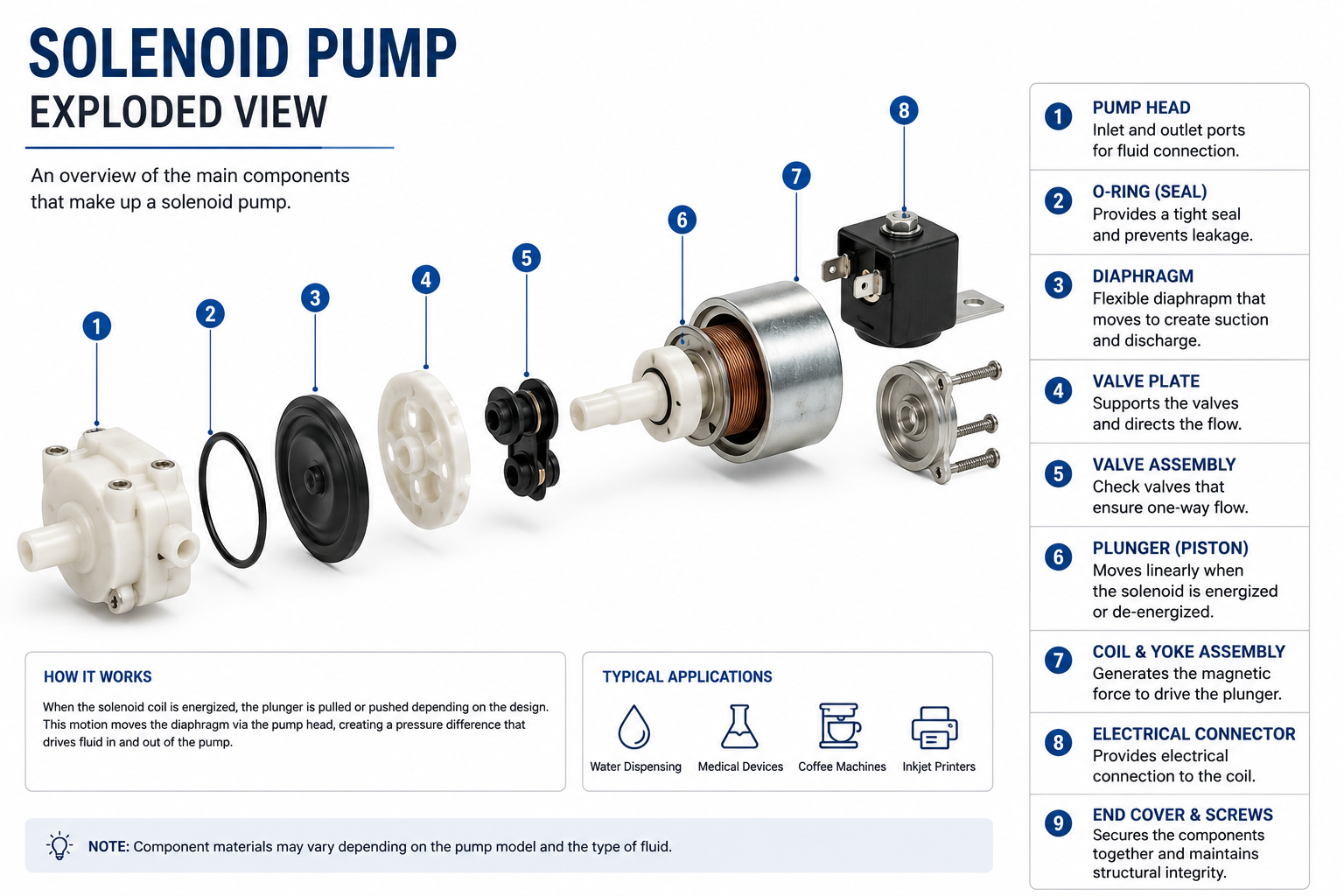 an exploded view of a solenoid pump showing its main components