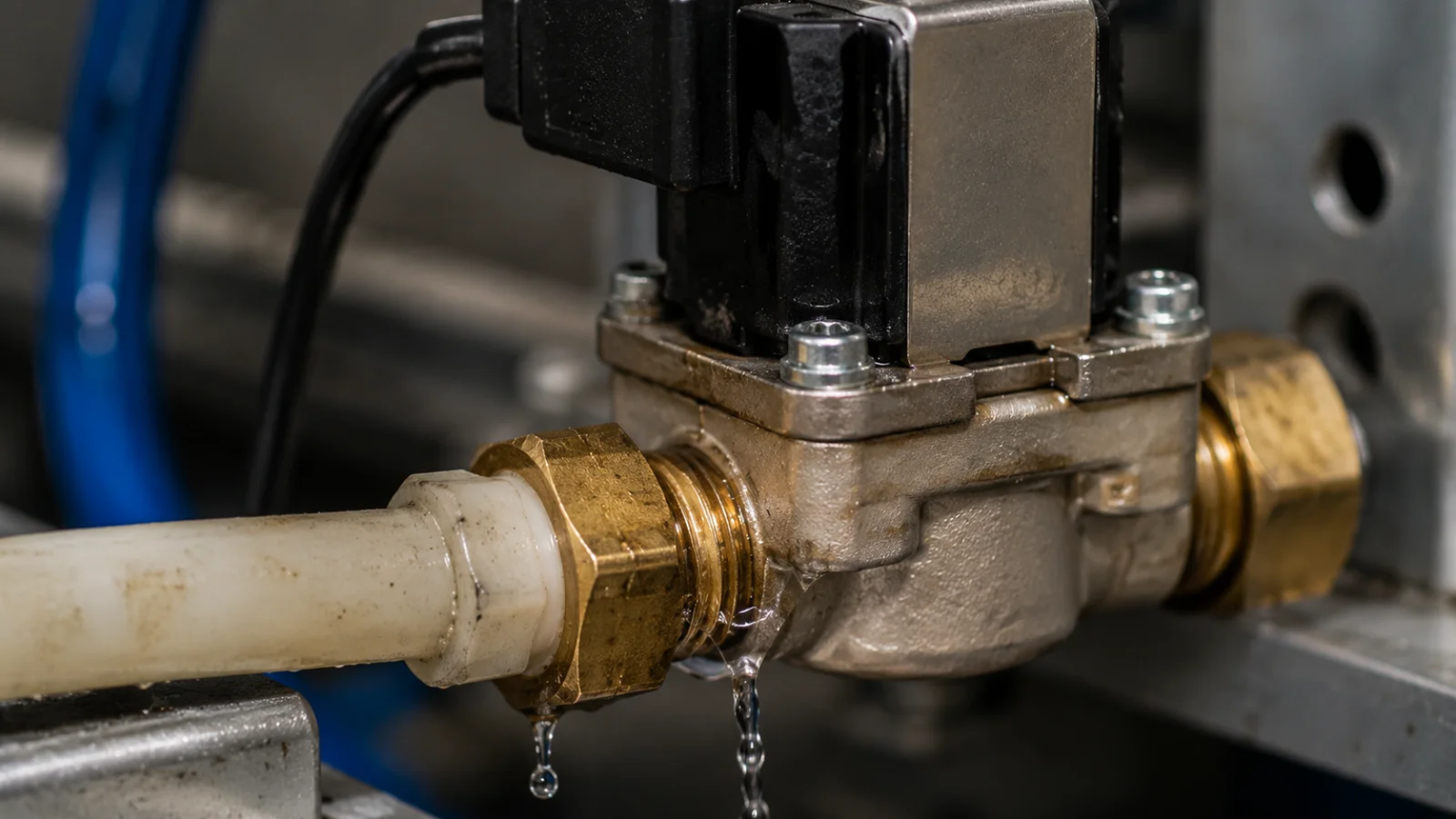 A single drop of water leaking from a pump connection