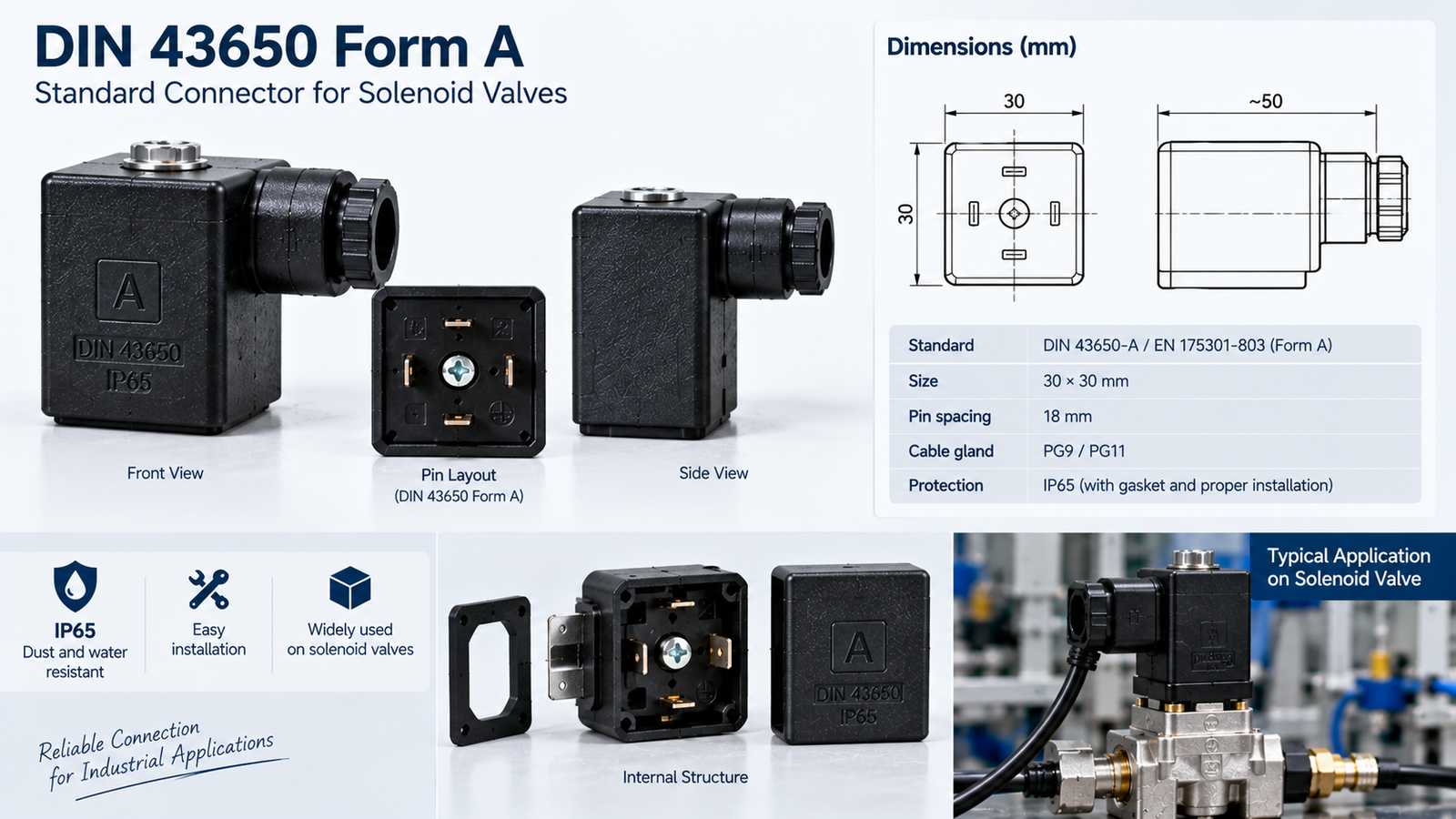 DIN 43650 Form A solenoid coil connector on industrial valve